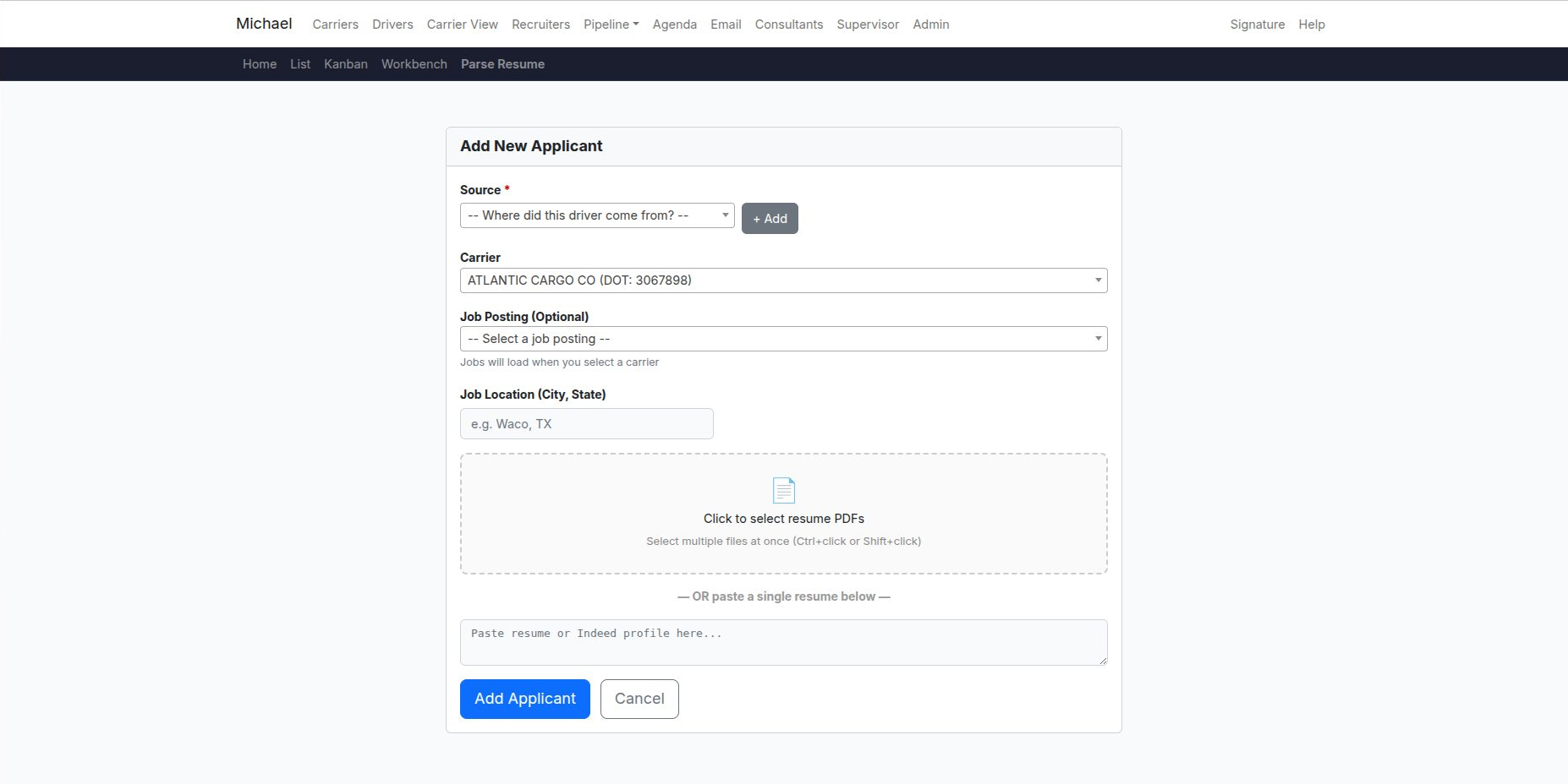 The Add Applicant / Parse Resume screen