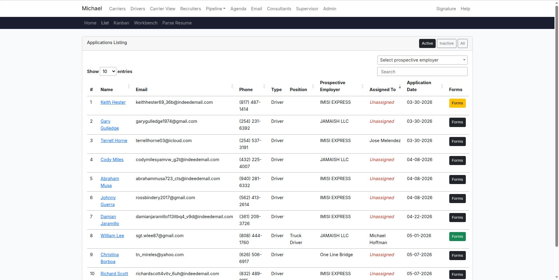 The applications list