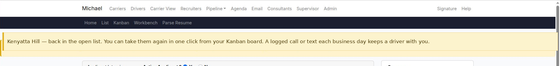 Banner: driver back in the open list, reclaim in one click